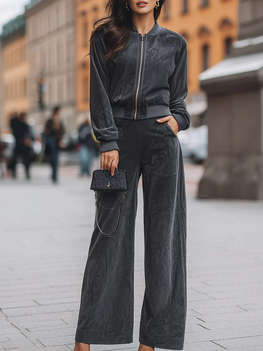 Chic Zip-Up Bomber Jacket And Wide-Leg Pants Ensemble - Perfect For Casual Days