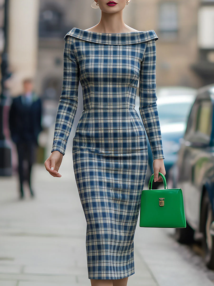 Stylish Blue Plaid Off-the-Shoulder Midi Dress