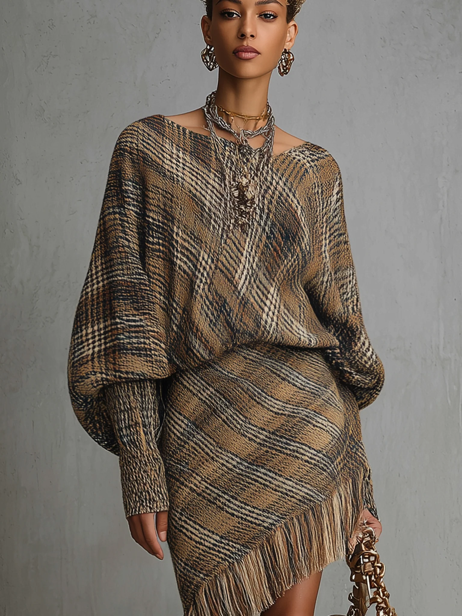 Brown Plaid Fringe Knit Long Sleeve Mini Dress