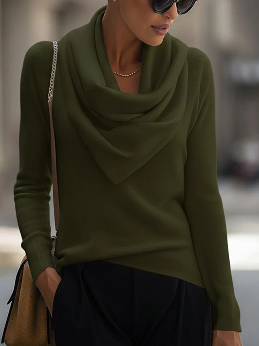 Draped Cowl Neck Long-Sleeve Top