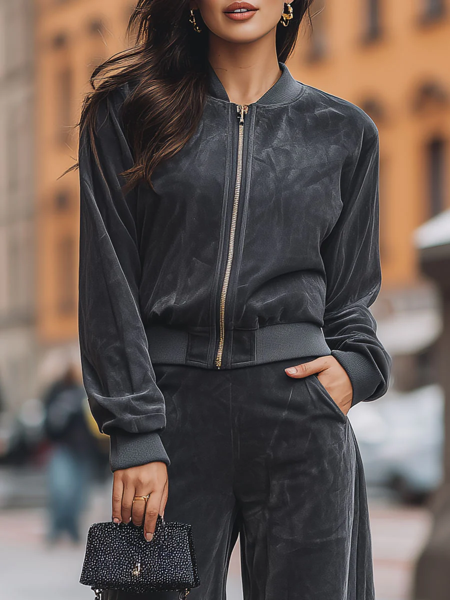 Chic Zip-Up Bomber Jacket And Wide-Leg Pants Ensemble - Perfect For Casual Days