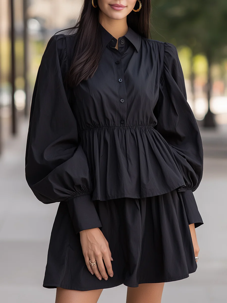 Balloon-Sleeve A-Line Shirt Dress