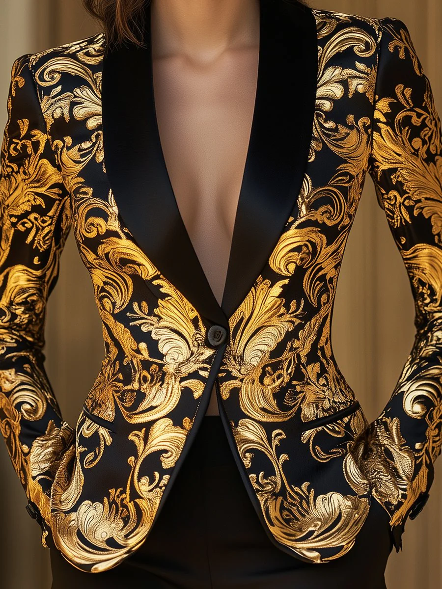 Opulent Black and Gold Blazer with Baroque Floral Printed