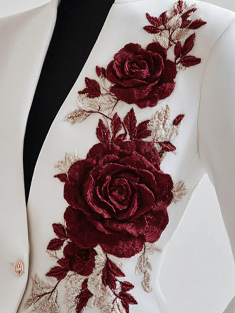 Chic White Blazer with Red Rose Embroidery