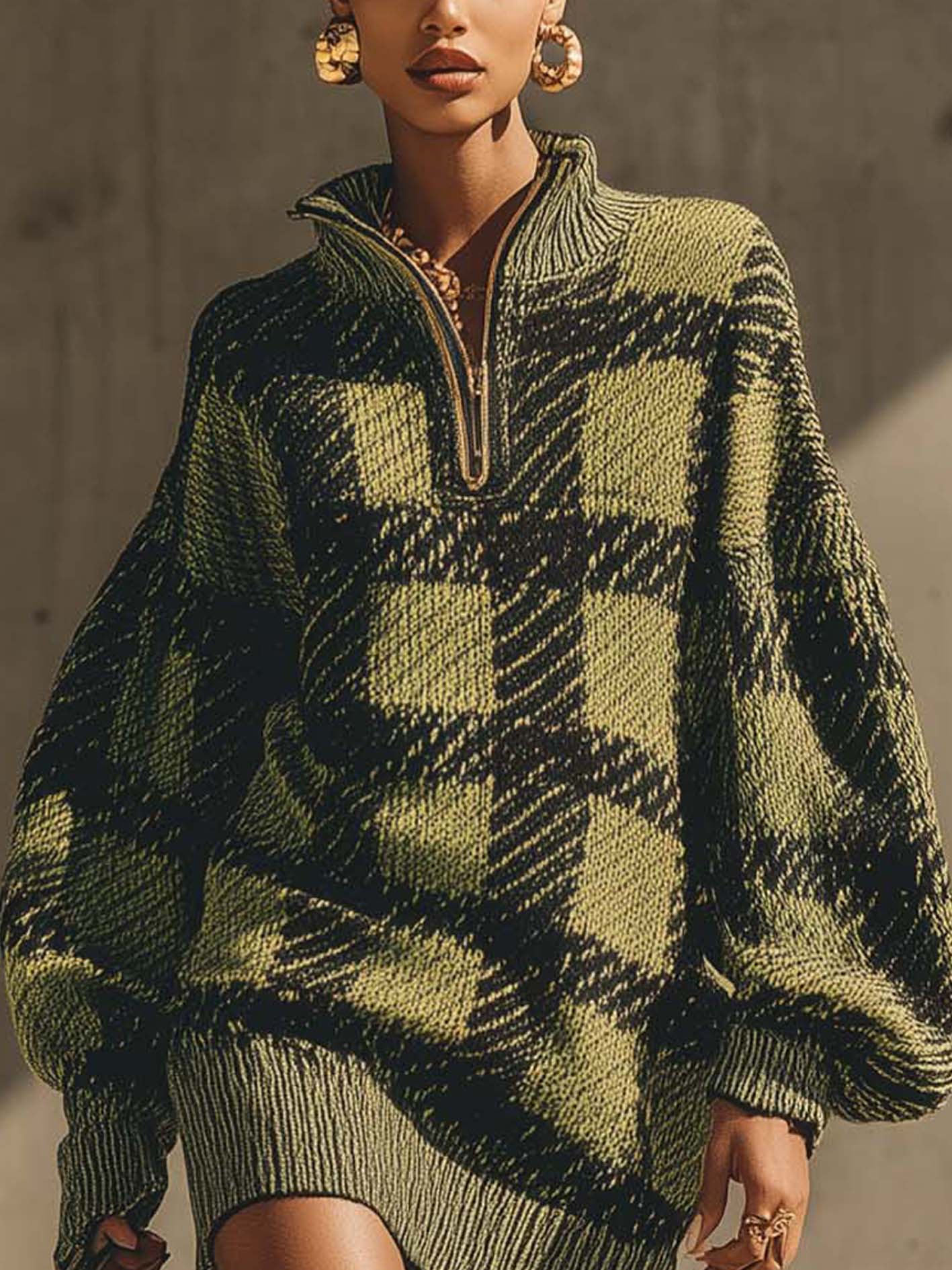 Olive Green Knit Mini Dress With Dark Green Plaid