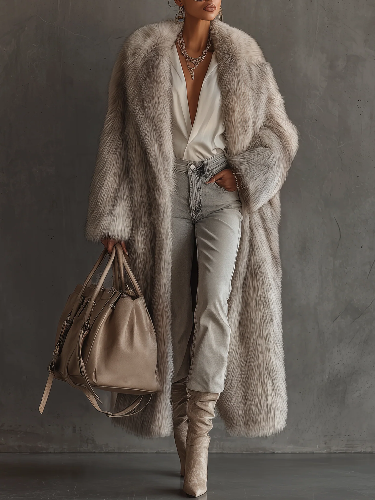 Gray Gradient Faux Fox Fur Eco Friendly Coat