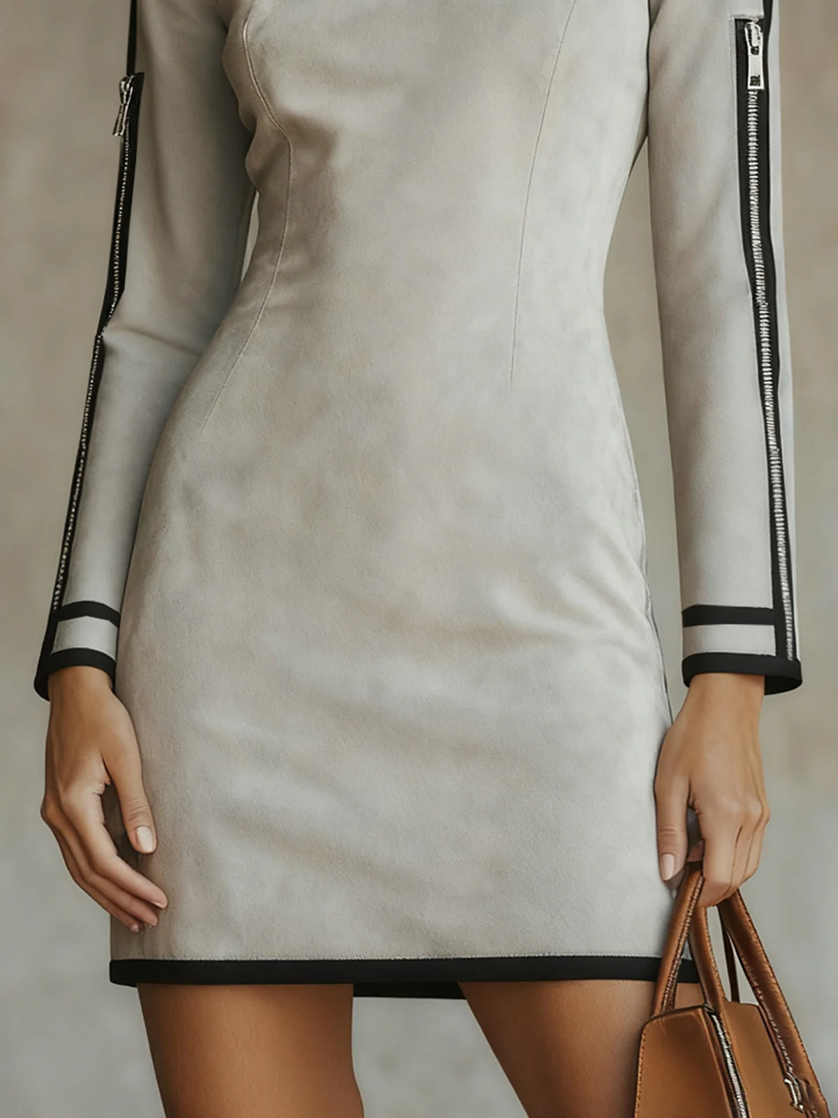 Gray Faux Suede Mock Neck Mini Dress With Zip Sleeve Detail