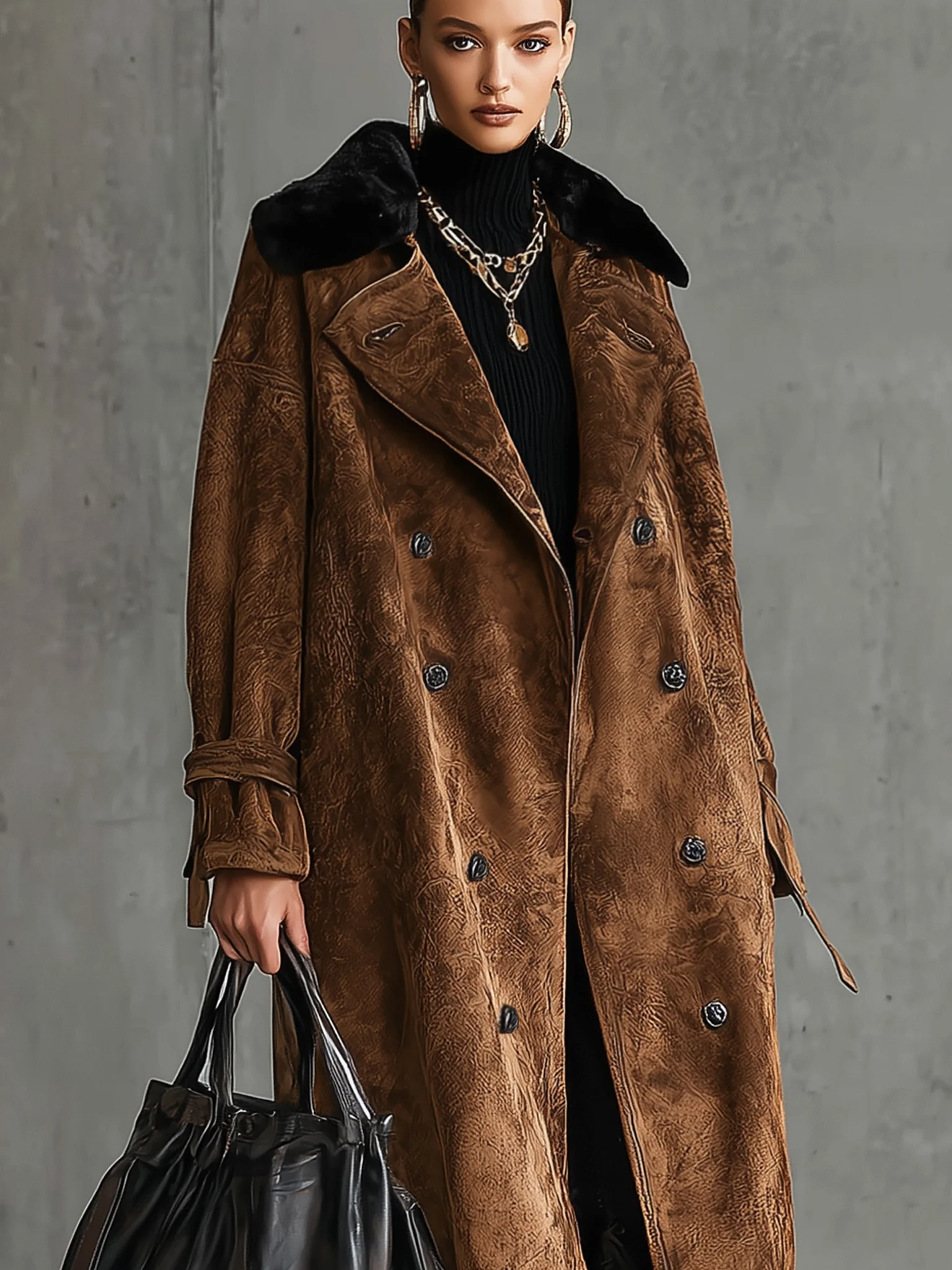 Brown Vintage Faux Suede Coat With Removable Eco Fur Collar