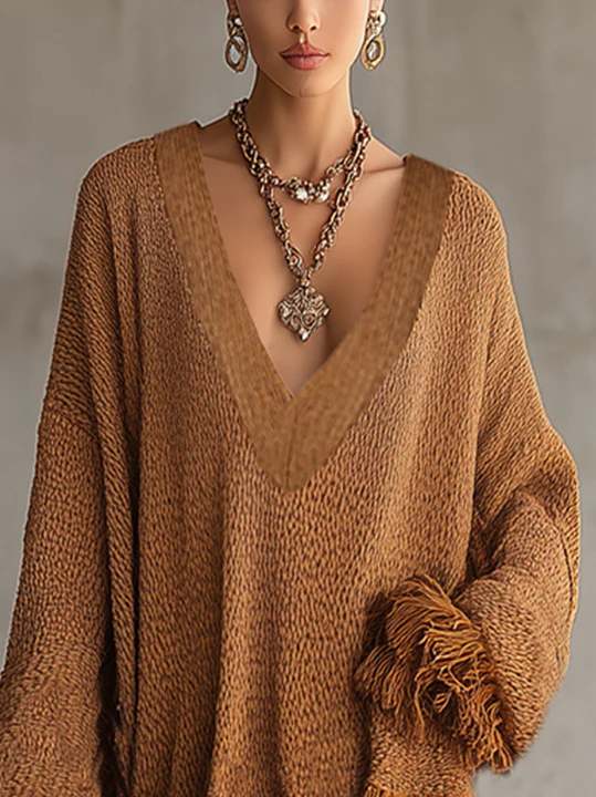 Camel Oversized Knit Sweater Dress With Fringe Trim And Deep V-Neck