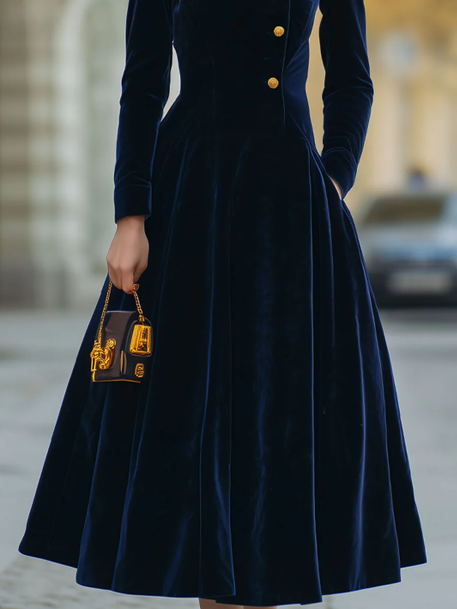 Luxe Navy Velvet A-Line Dress With Gold Accents