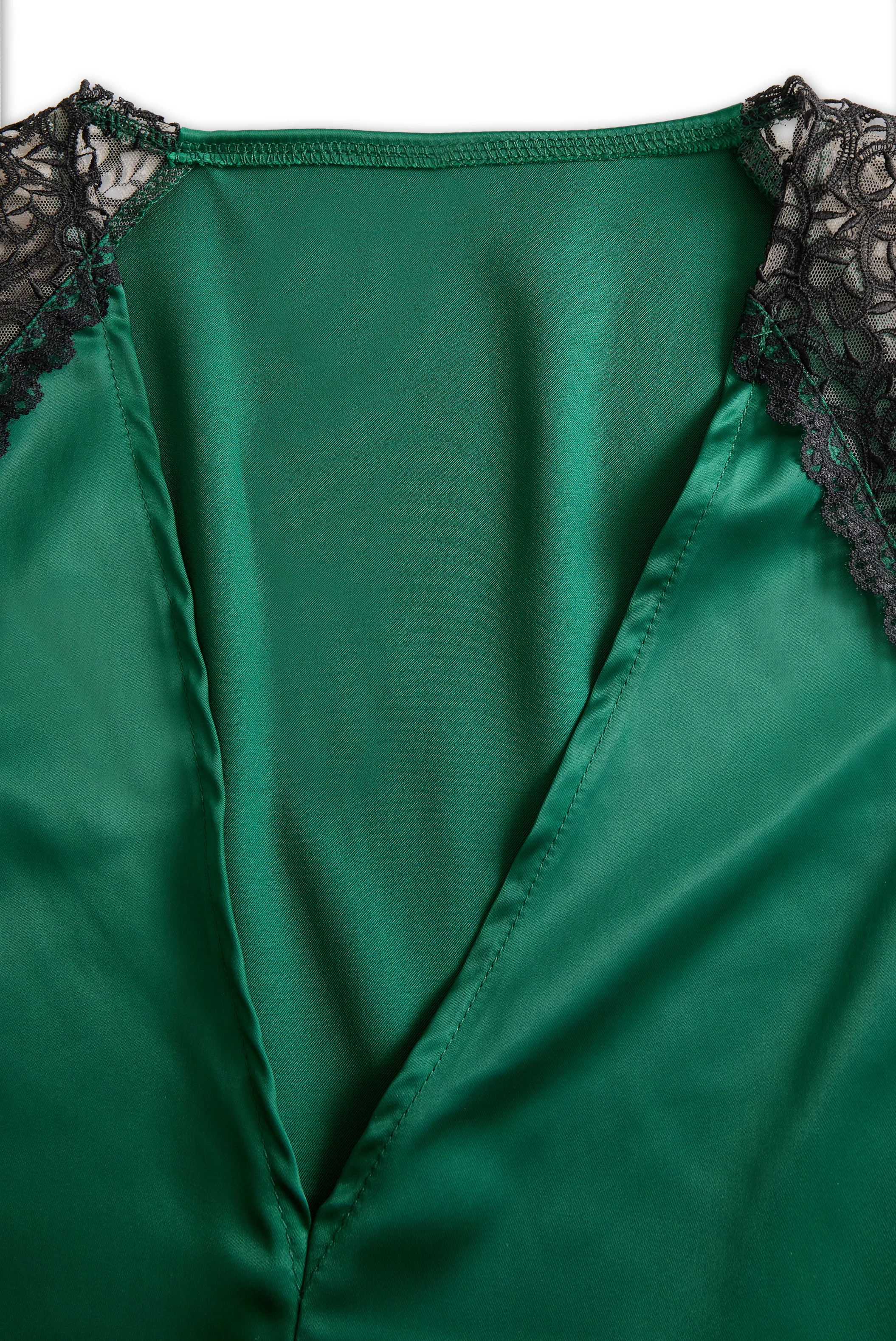 Deep V-Neck Satin Blouse with Lace Details - Emerald Allure