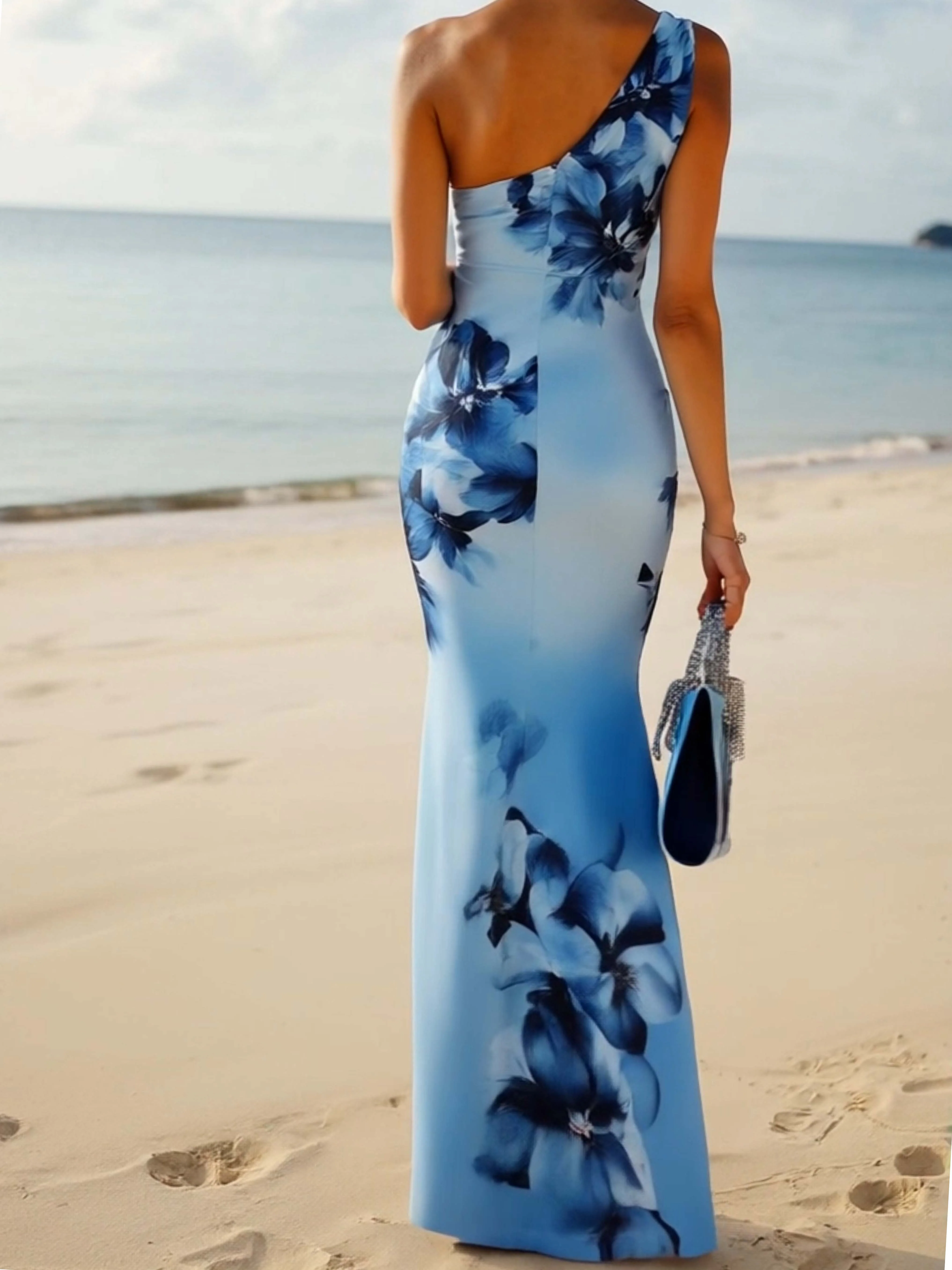 24-Hour-Shipping One Shoulder Light Blue Bodycon Dress With Blue Gradient Floral Print