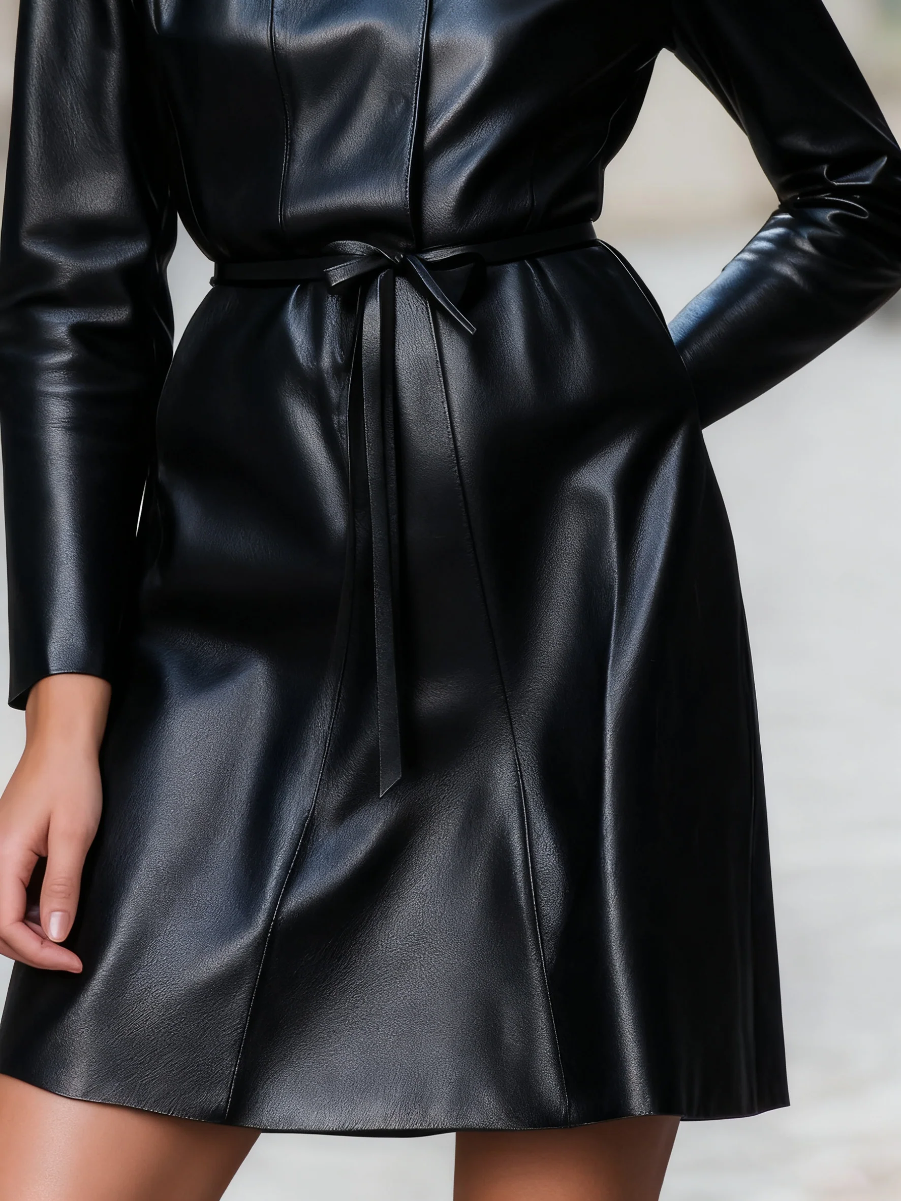 Elegant Faux Leather A-Line Dress With Belted Waist