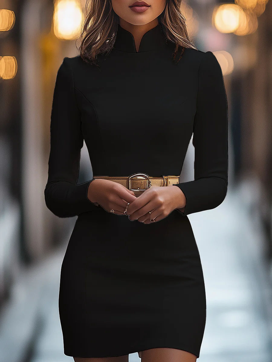 Elegant White Mandarin Collar Dress with Belt Design