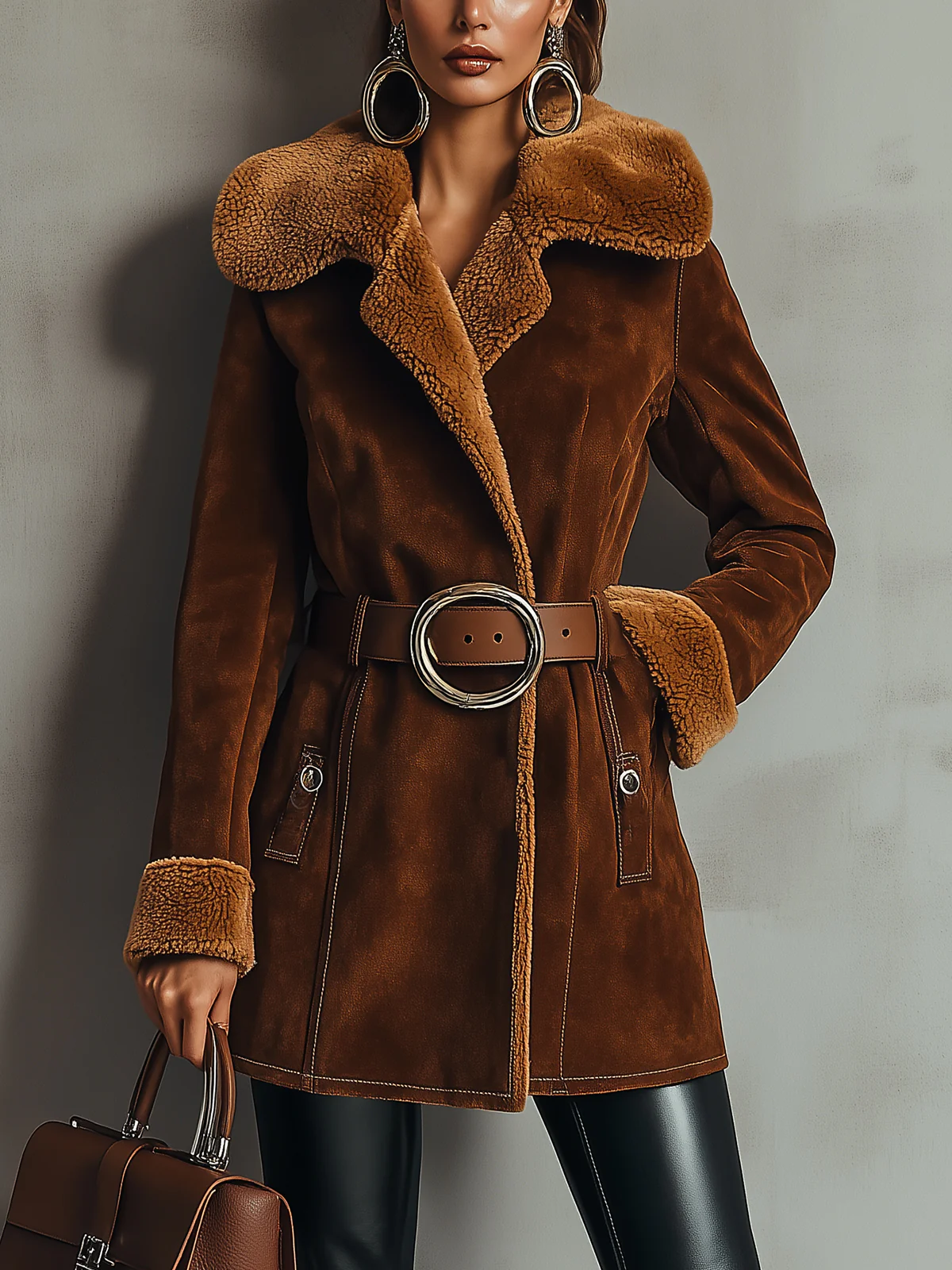 Brown Faux Suede Jacket With Shearling Trim And Belted Waist