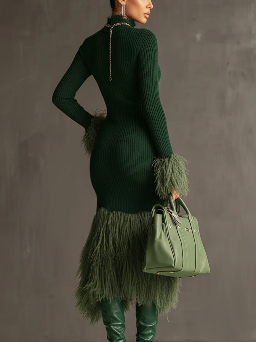 Emerald Knit Patchwork Eco Faux Fur Long Sleeve Bodycon Dress