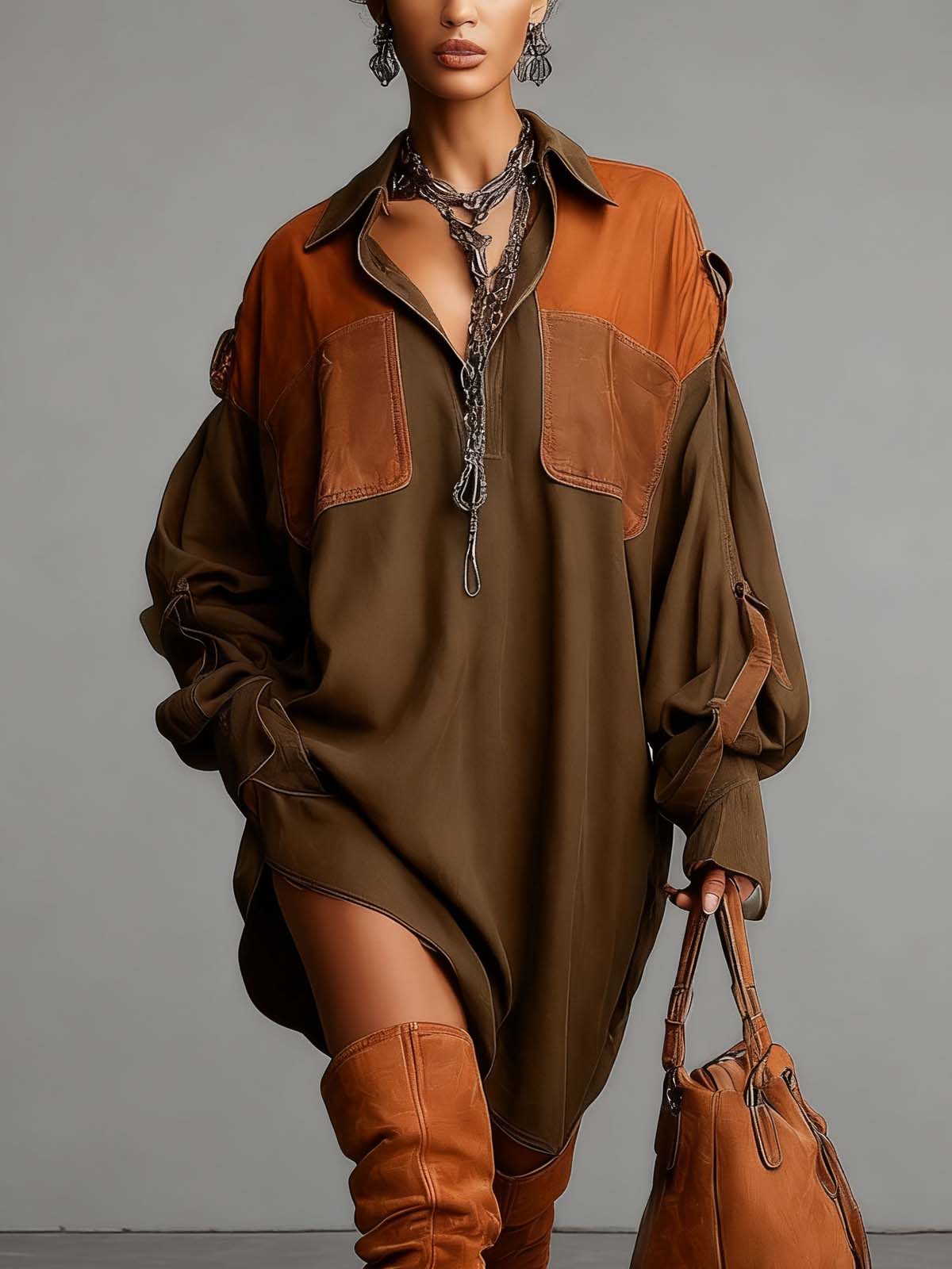 Olive Green Faux Suede And PU Leather Patchwork Loose Mini Dress