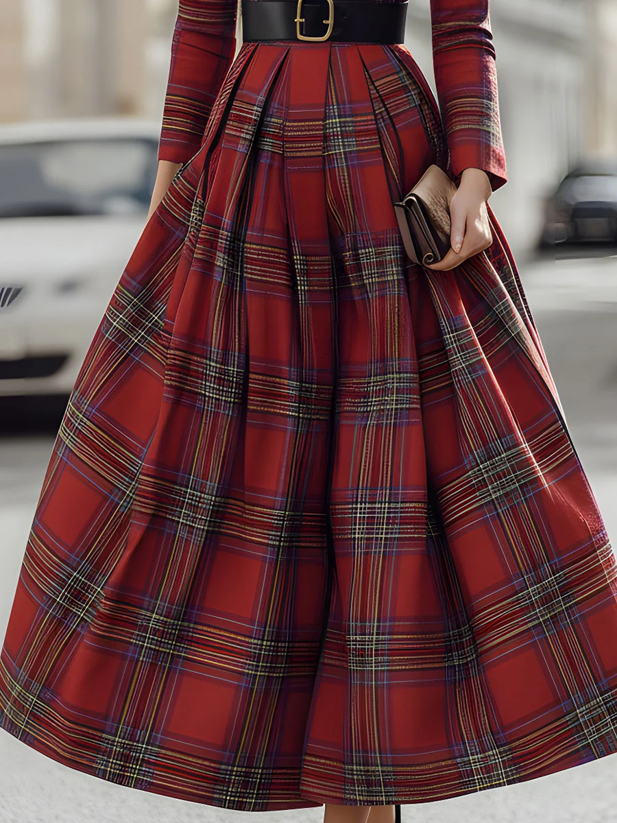 Mooyius Statement Red Plaid Trench Dress With Gold Buckle Belt