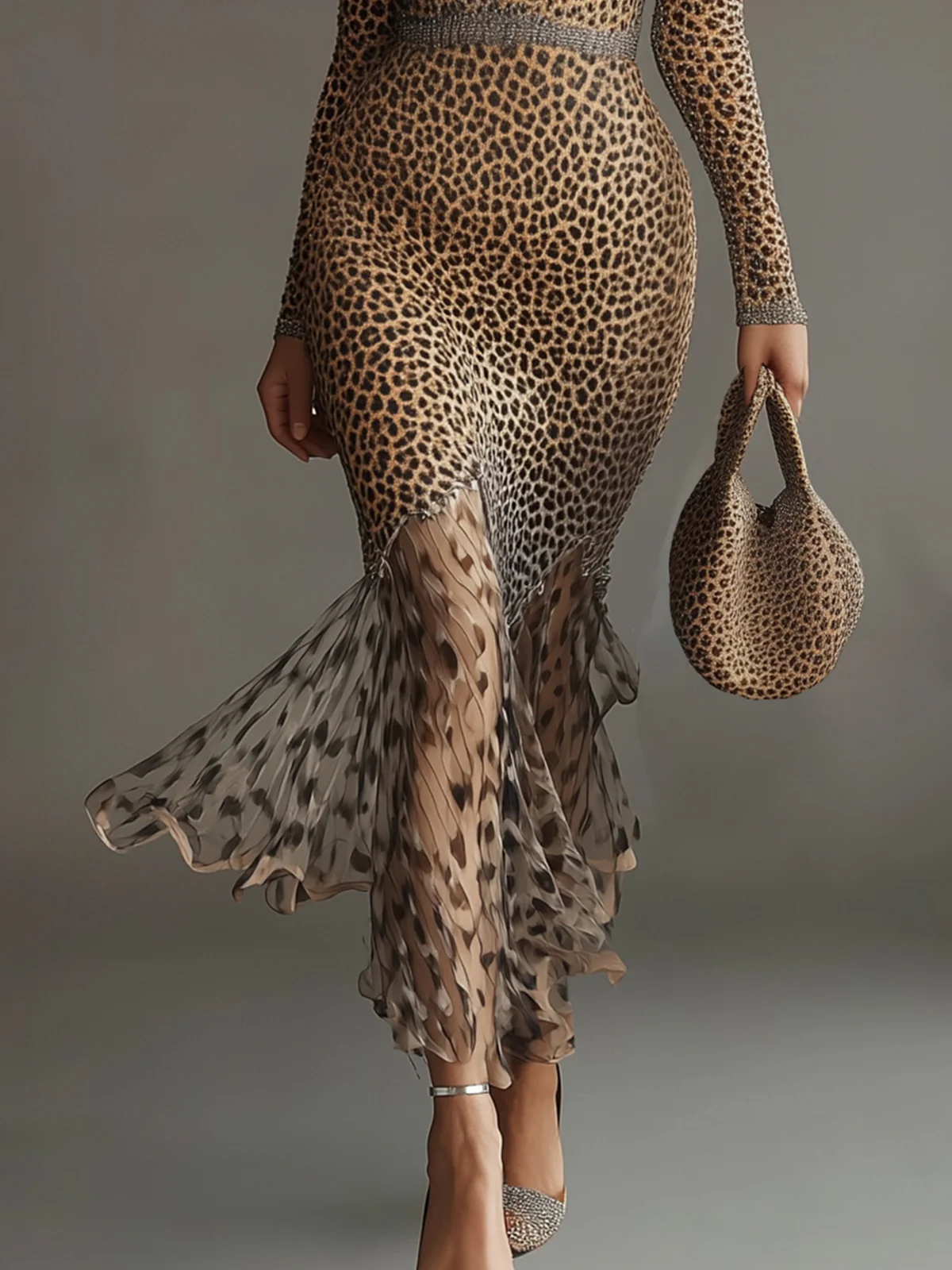 Leopard Print Deep V-Neck Mermaid Dress