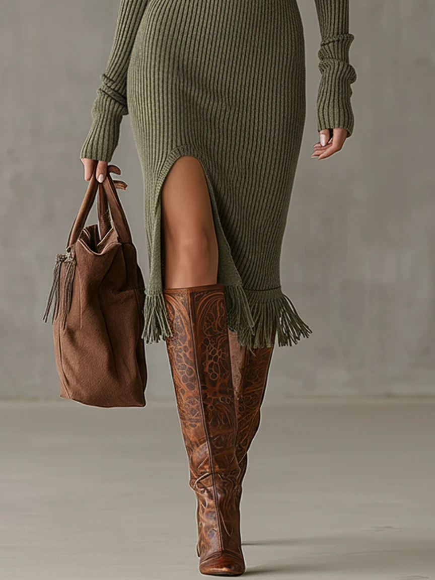 Olive Washed Knit Button Front Fringe Long Sleeve Bodycon Dress