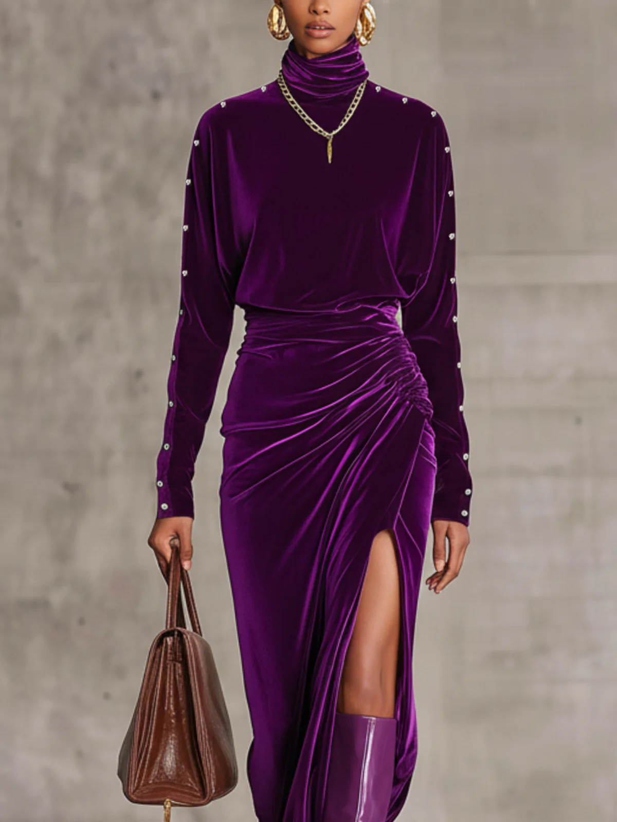 Purple Velvet High-Neck Ruched Maxi Dress