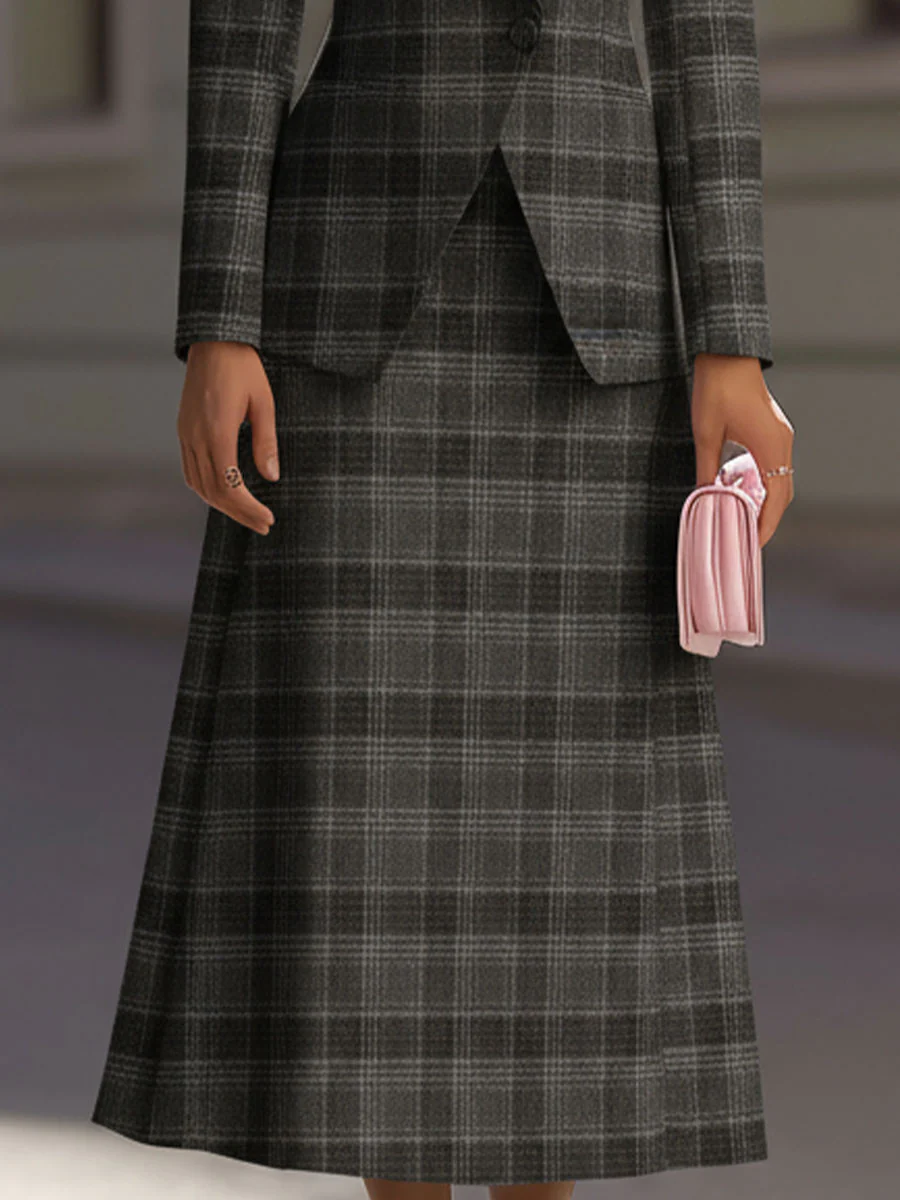 Grey Plaid Tailored Skirt Suit