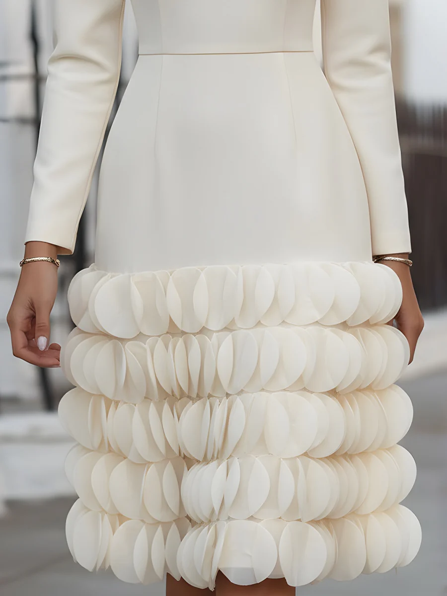 3D Petal-Embellished Long-Sleeve Midi Dress