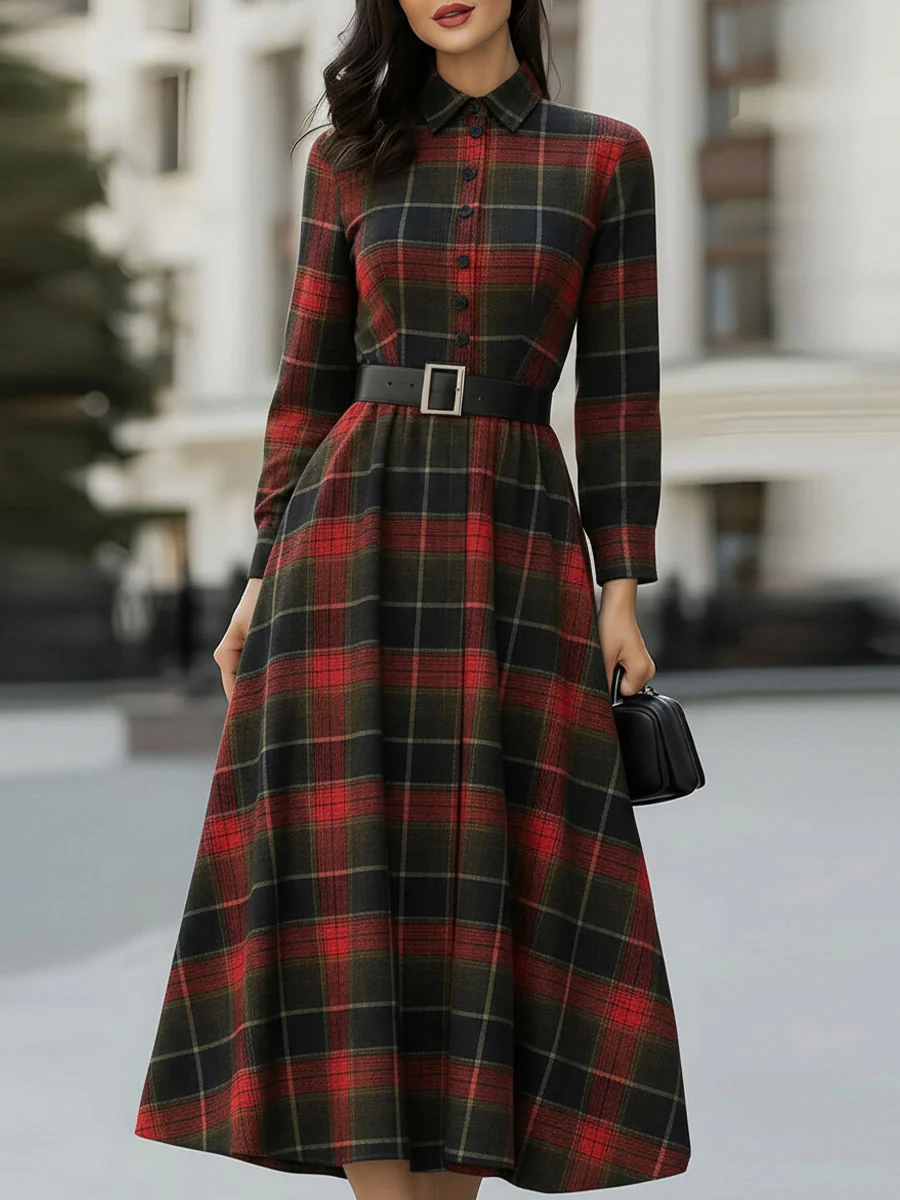 Mooyius Presents The Retro Plaid Belted Shirt Dress