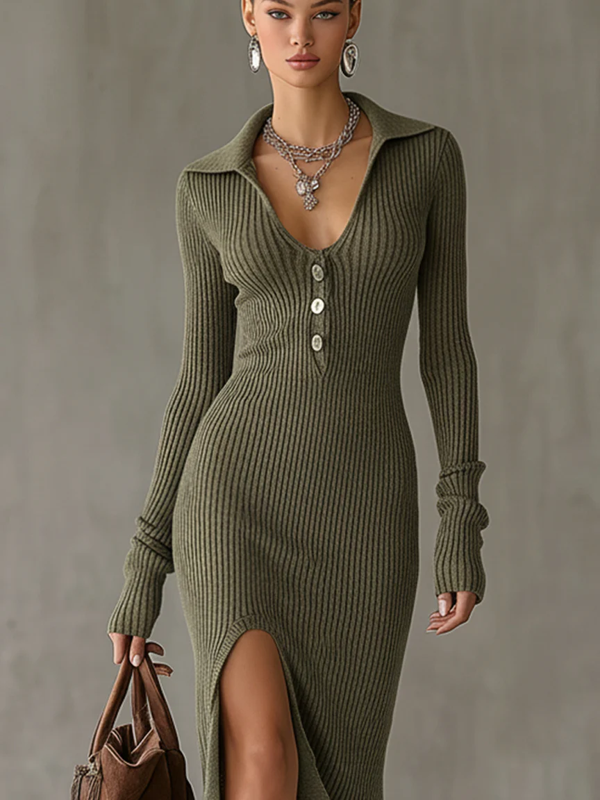 Olive Washed Knit Button Front Fringe Long Sleeve Bodycon Dress