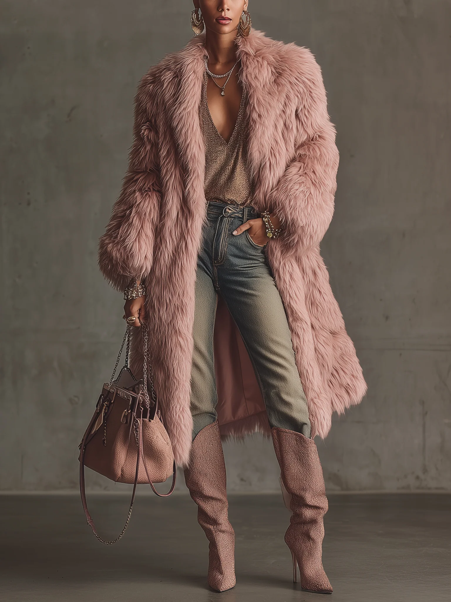 Pink Faux Shearling Eco Friendly Long Coat