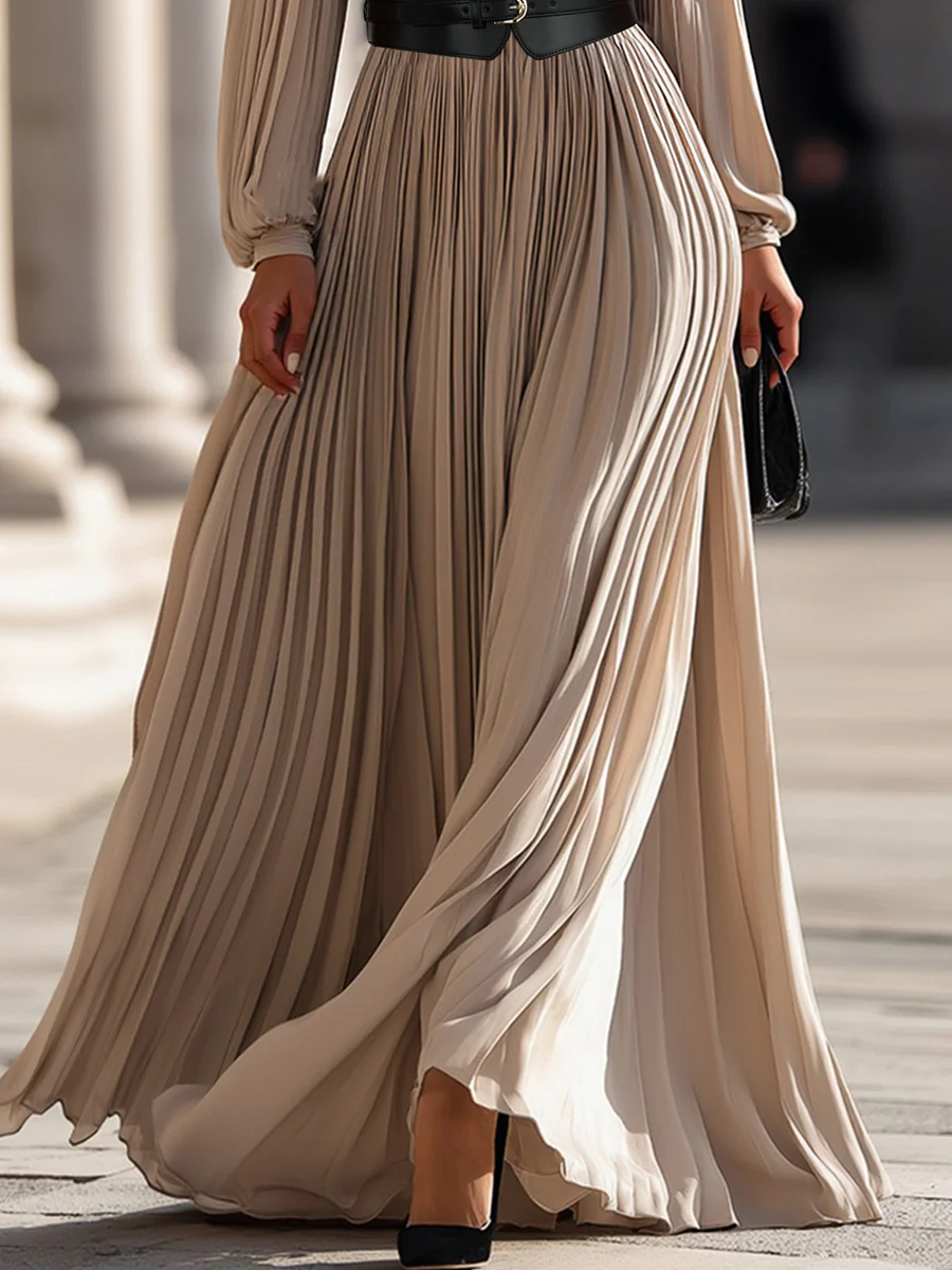 Pleated High-Neck Maxi Dress
