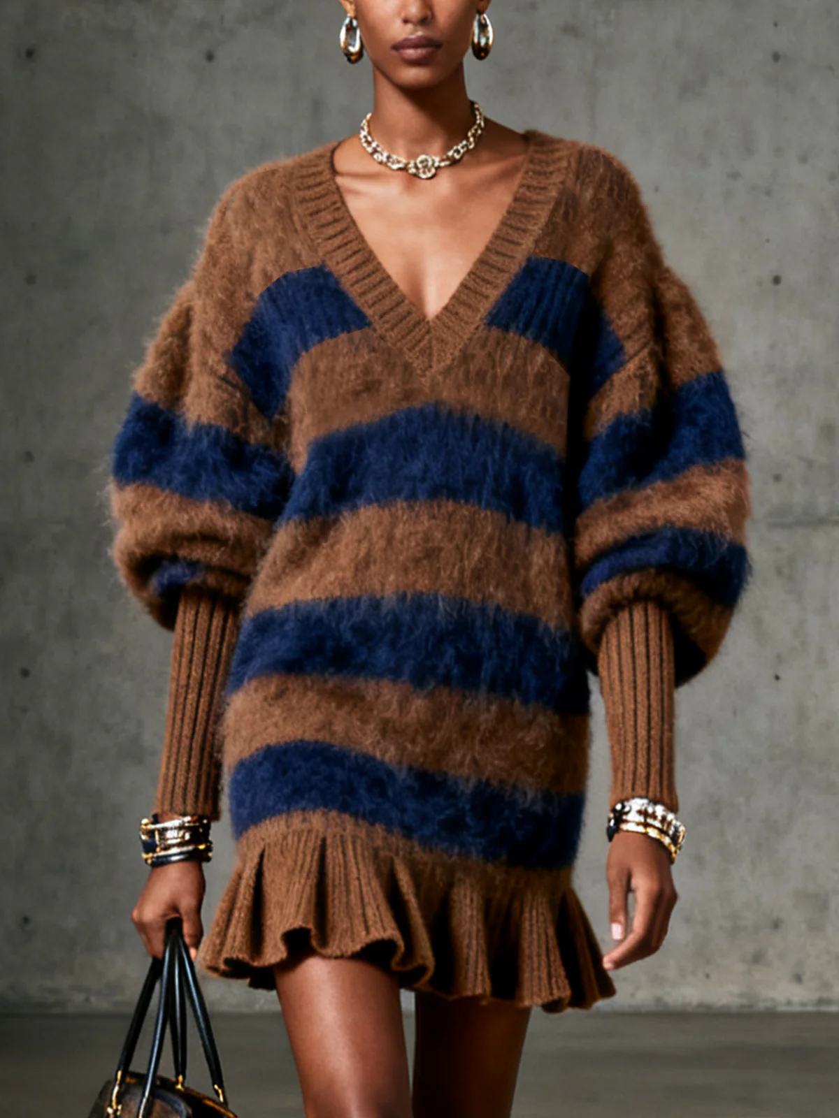 Brown And Navy Striped Fuzzy Knit Sweater Dress