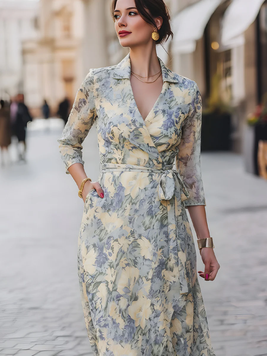 Floral Chiffon Wrap Midi Dress