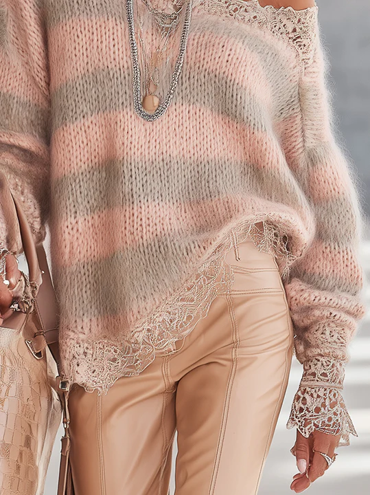 Pink And Taupe Striped Mohair Sweater With Lace Trim