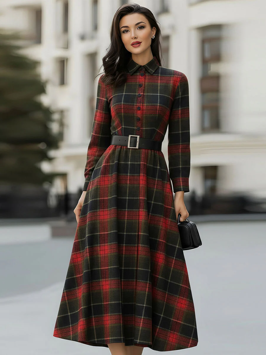 Mooyius Presents The Retro Plaid Belted Shirt Dress