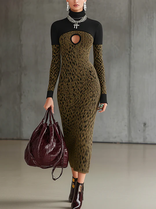 Leopard Print Patchwork Knit Midi Dress With Keyhole Cutout