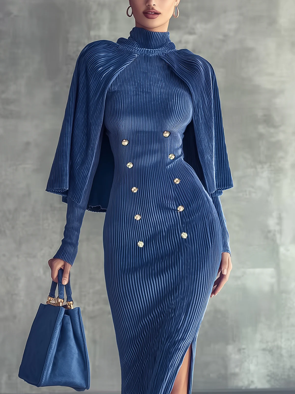 Blue Velvet Cape Bodycon Dress With Silver Button Detail