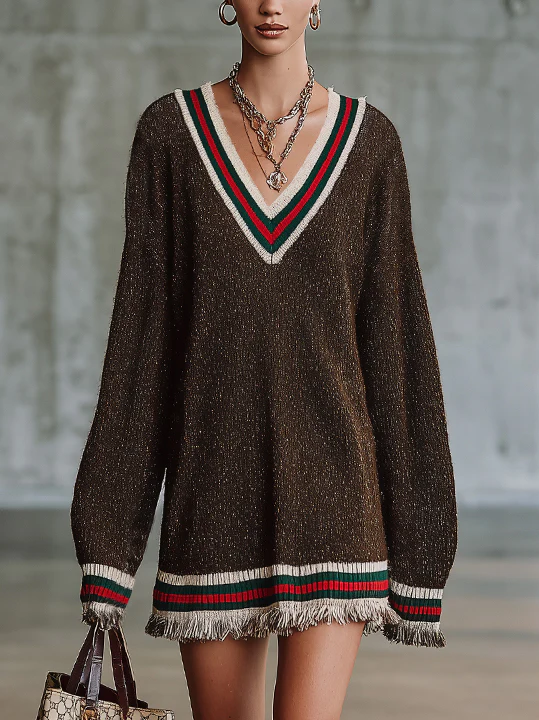 Brown Knit Sweater Dress With Striped Trim And Fringe Hem