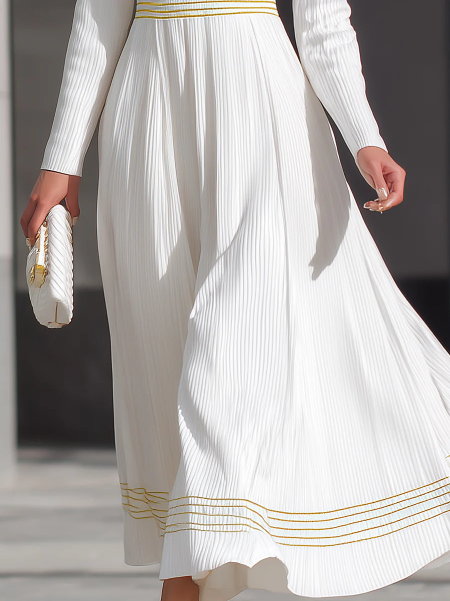 White Pleated Dress With Yellow Stripes And V-Neckline