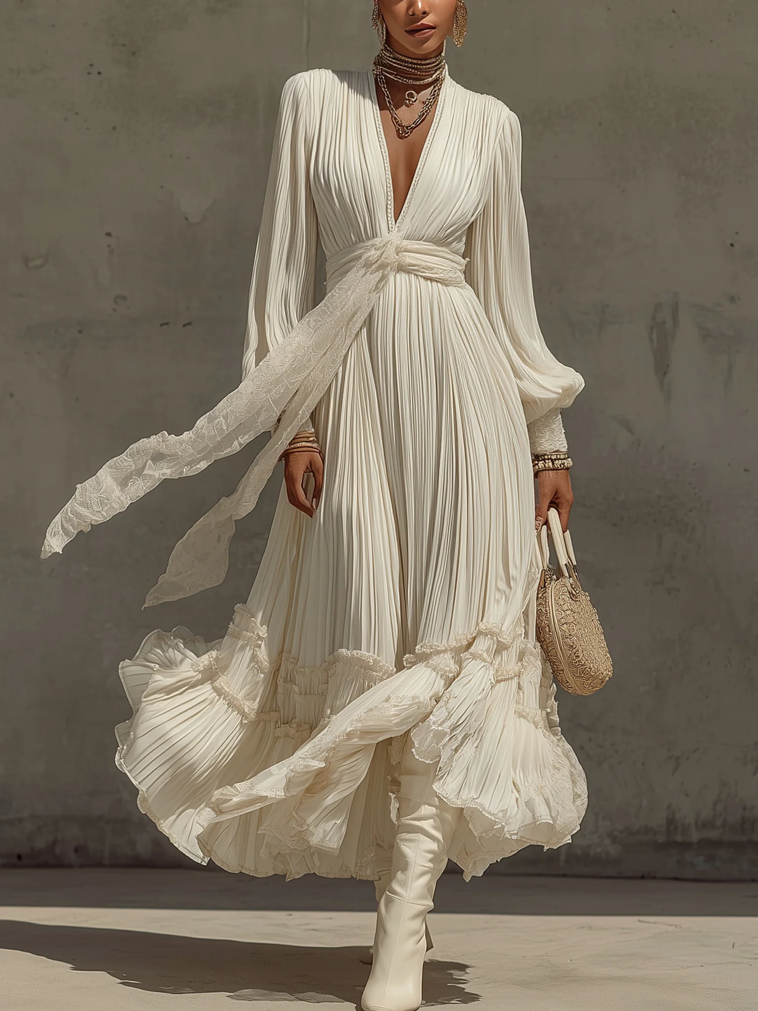 White Deep V-Neck Pleated Long Sleeve Maxi Dress With Lace Belt