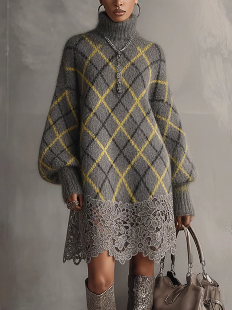 Gray Plaid Mohair Long Sleeve Mini Dress With Lace Hem