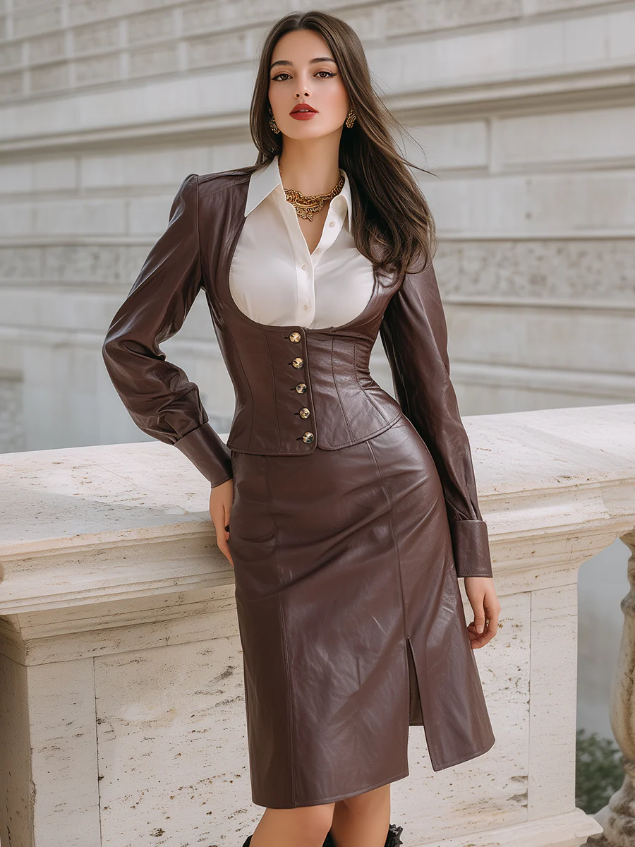 Stylish Faux Leather Skirt Set