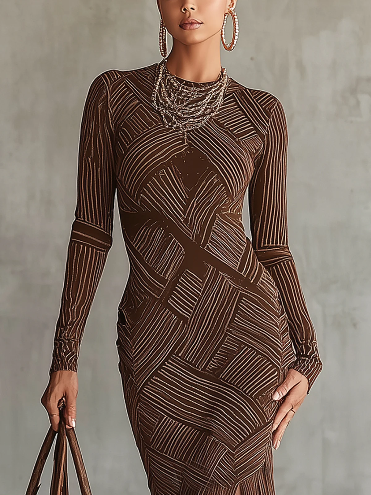 Brown Geometric Midi Dress With Fringe Hem