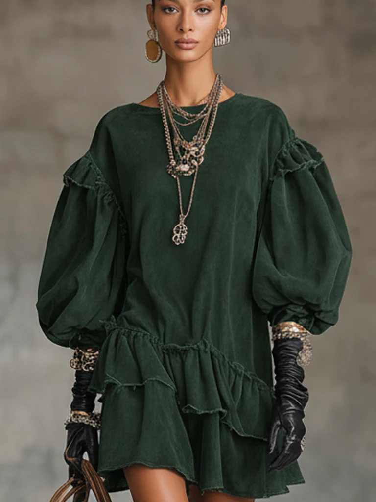 Vintage Forest Green Washed Knit Ruffle Mini Dress