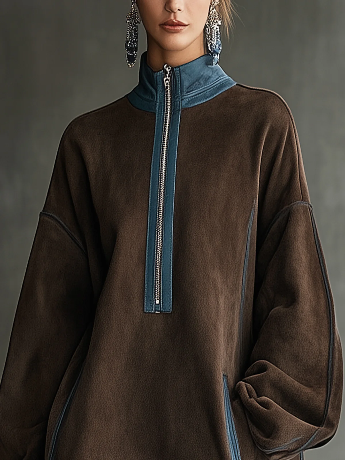 Brown Faux Suede Fleece High-Neck Zip-Up Oversized Mini Dress