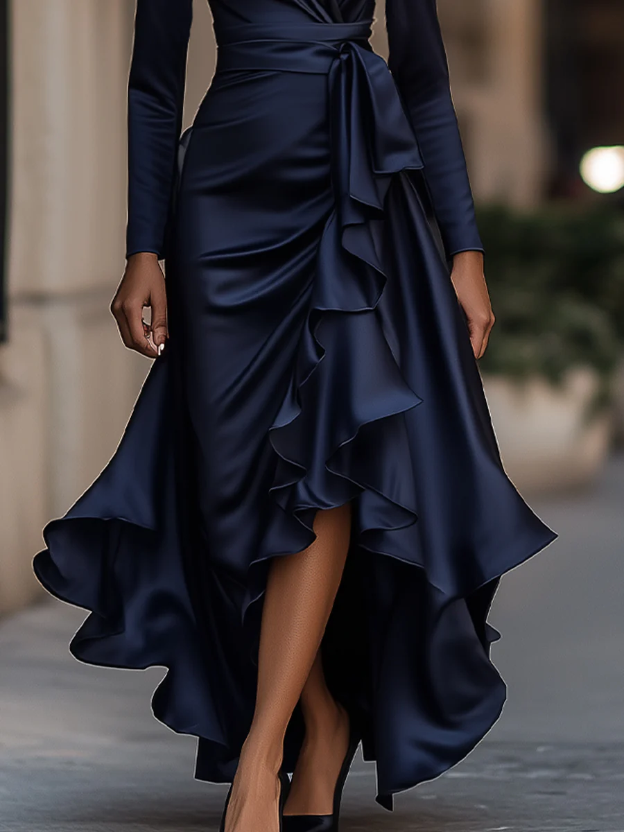 Midnight Blue Draped Satin Maxi Dress With Ruffle Details