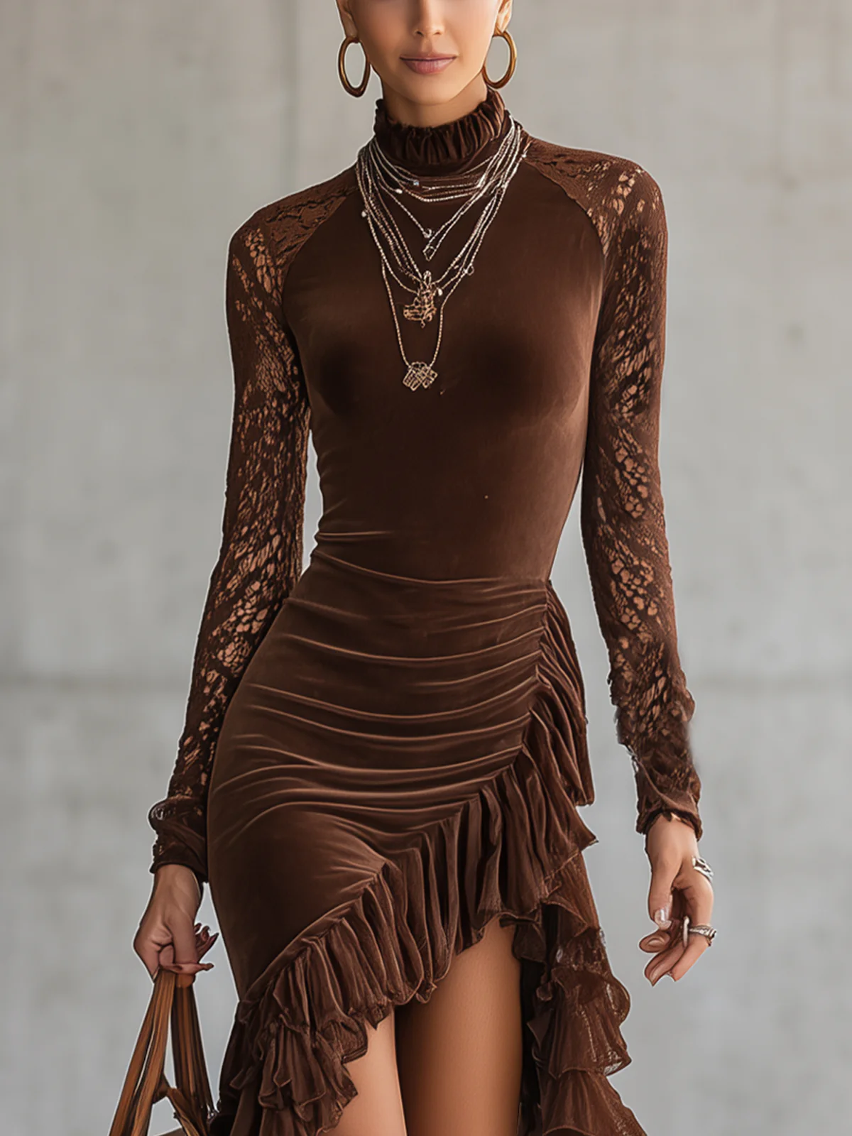 Brown Velvet Lace High-Low Ruffle Dress