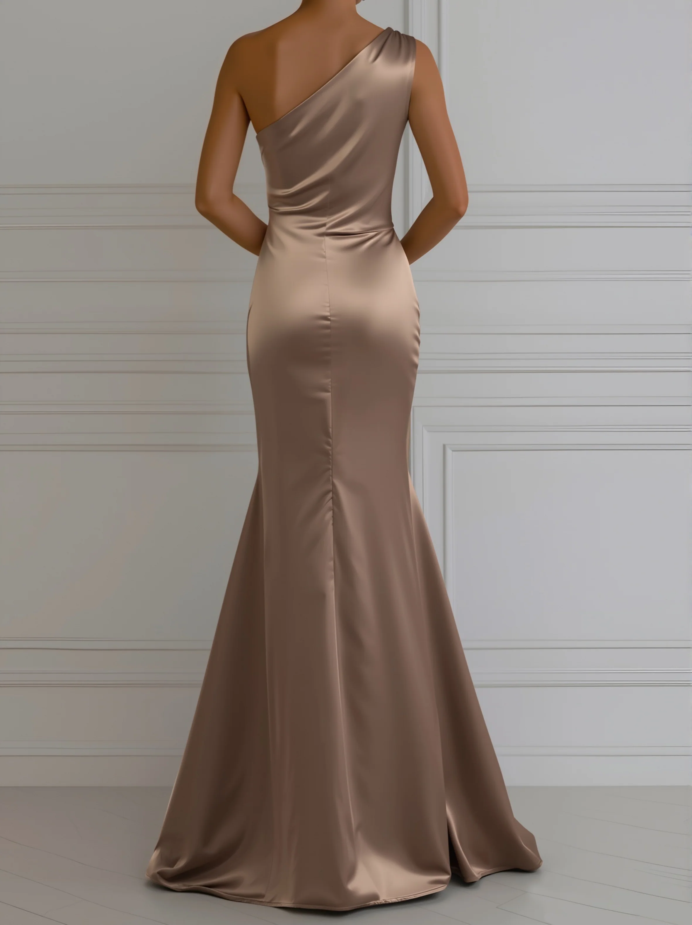Champagne Satin One-Shoulder Gown