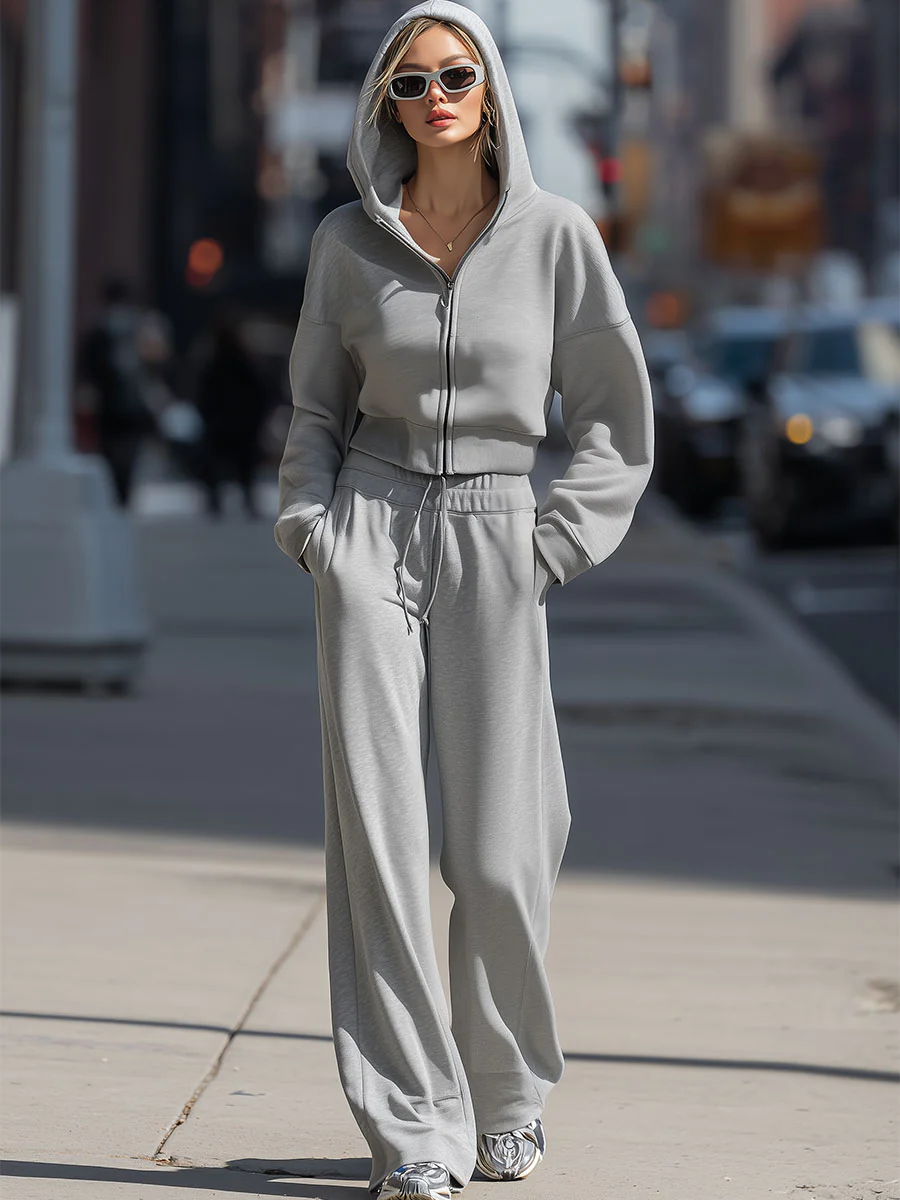 Cozy Gray Hoodie And Wide-Leg Pants Set