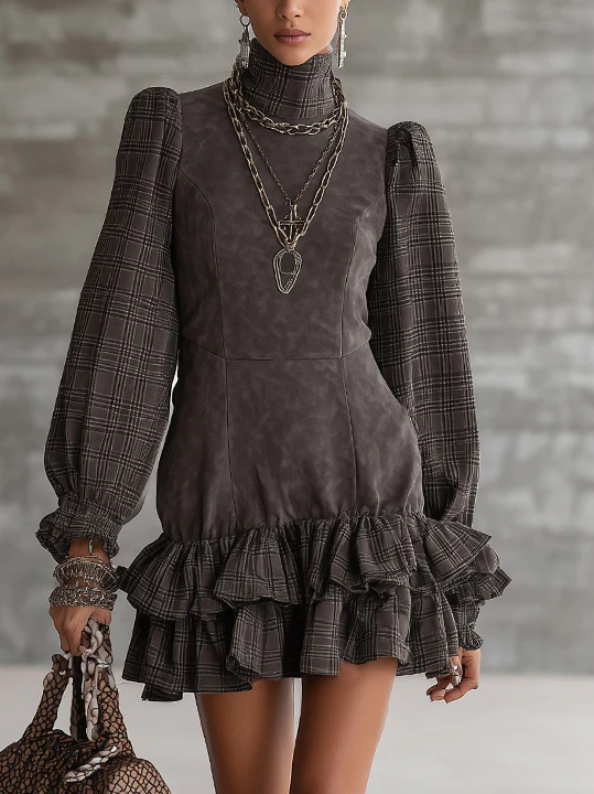 Plaid Puff Sleeve Faux Suede Mini Dress With Layered Ruffle Hem